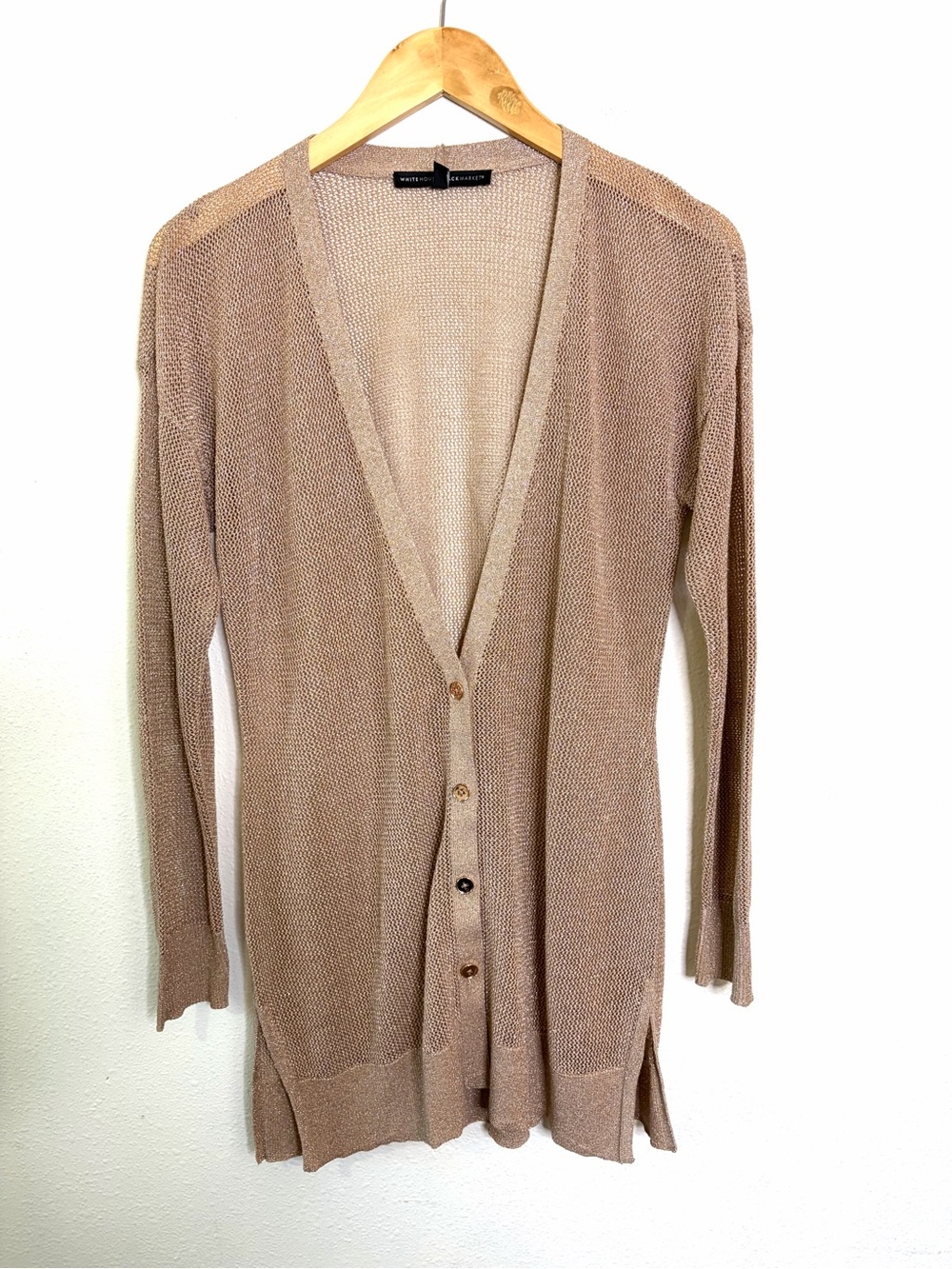White House Black Market Metallic Beige Gold Open-Weave Sweater M boyfriend long